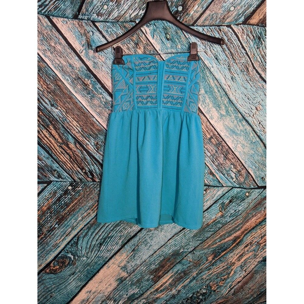Staring at Stars Size Small Mini Dress Teal‎ Blue Aztec Stitch Pattern Boho Chic